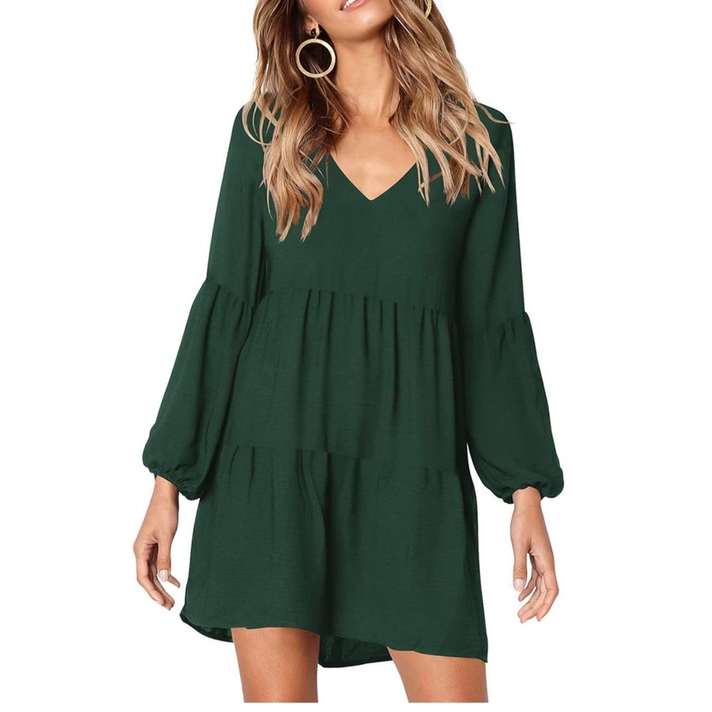 LANTERN SLEEVE RUFFLE DRESS WOMEN S GREEN TIERED SMOCK 100%-DACRON swing-SHIFT